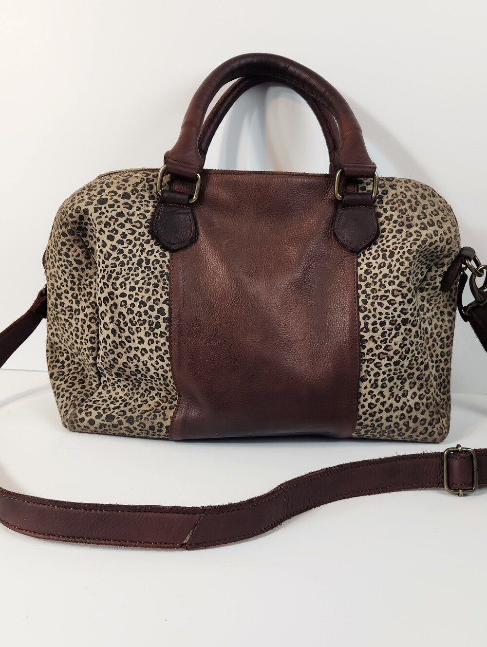 Vintage Cowboys Bag  Leather & Leopard Print Crossbody Satchel Bag 11 x 13